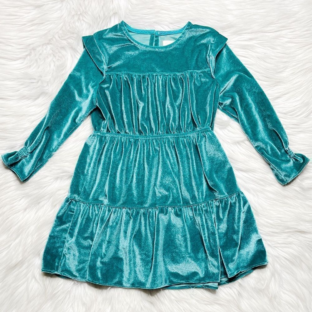 Vignette Velvet Long Sleeve Tiered Dress Teal Size 2Y